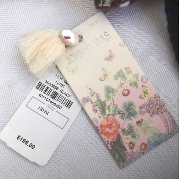 Johnny Was Beatriz Linen Drawstring Handbag Black with Floral Embroidery - Picture 5 of 10